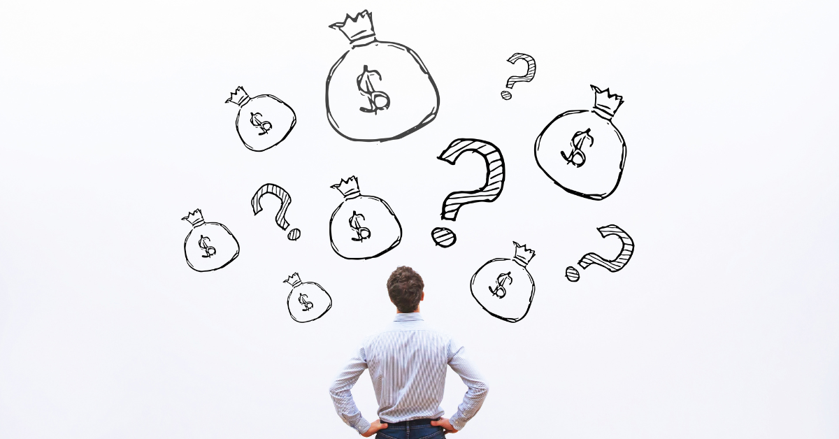 man looking at a wall with money bags and question marks